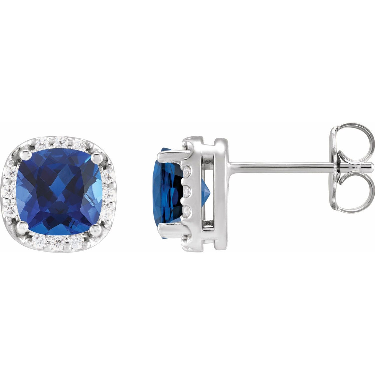 14K White Gold Lab-Grown Blue Sapphire & 1/10 CTW Natural Diamond Halo-Style Earrings