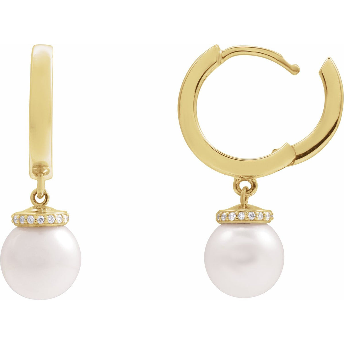 14K Yellow Gold Cultured White Akoya Pearl & .07 CTW Natural Diamond Hinged Hoop Earrings