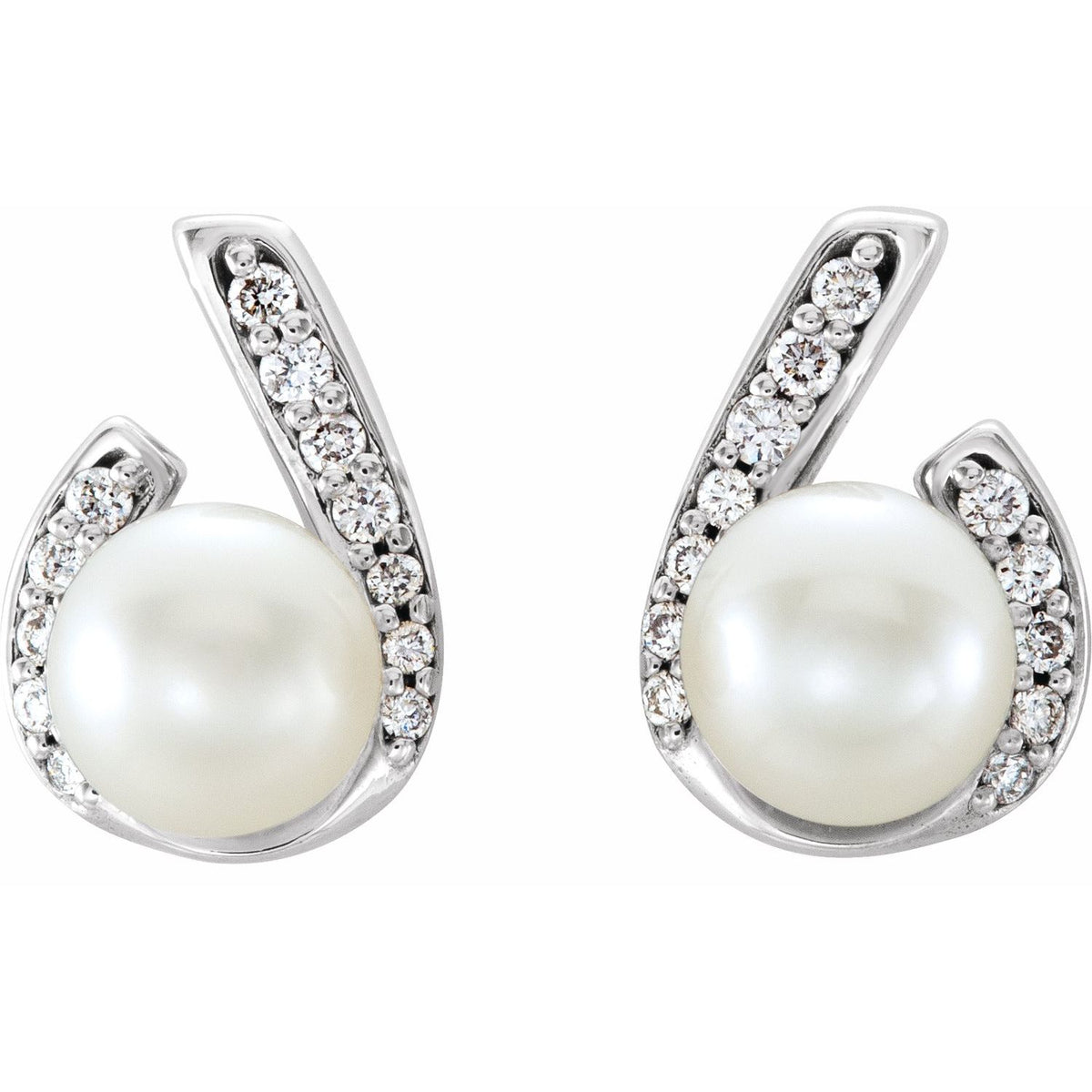 14K White Gold Cultured White Freshwater Pearl & 1/10 CTW Natural Diamond Earrings, 6.71 mm x 9.93 mm