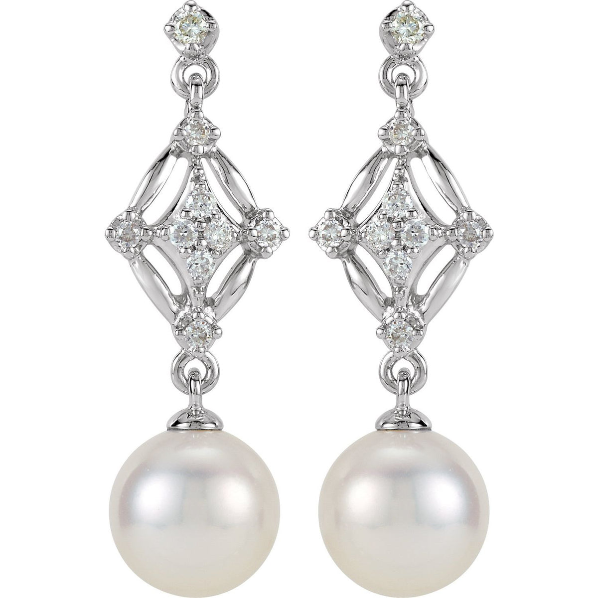 14K White Gold Cultured White Freshwater Pearl & 1/6 CTW Natural Diamond Earrings, 7.9 mm x 24.25 mm