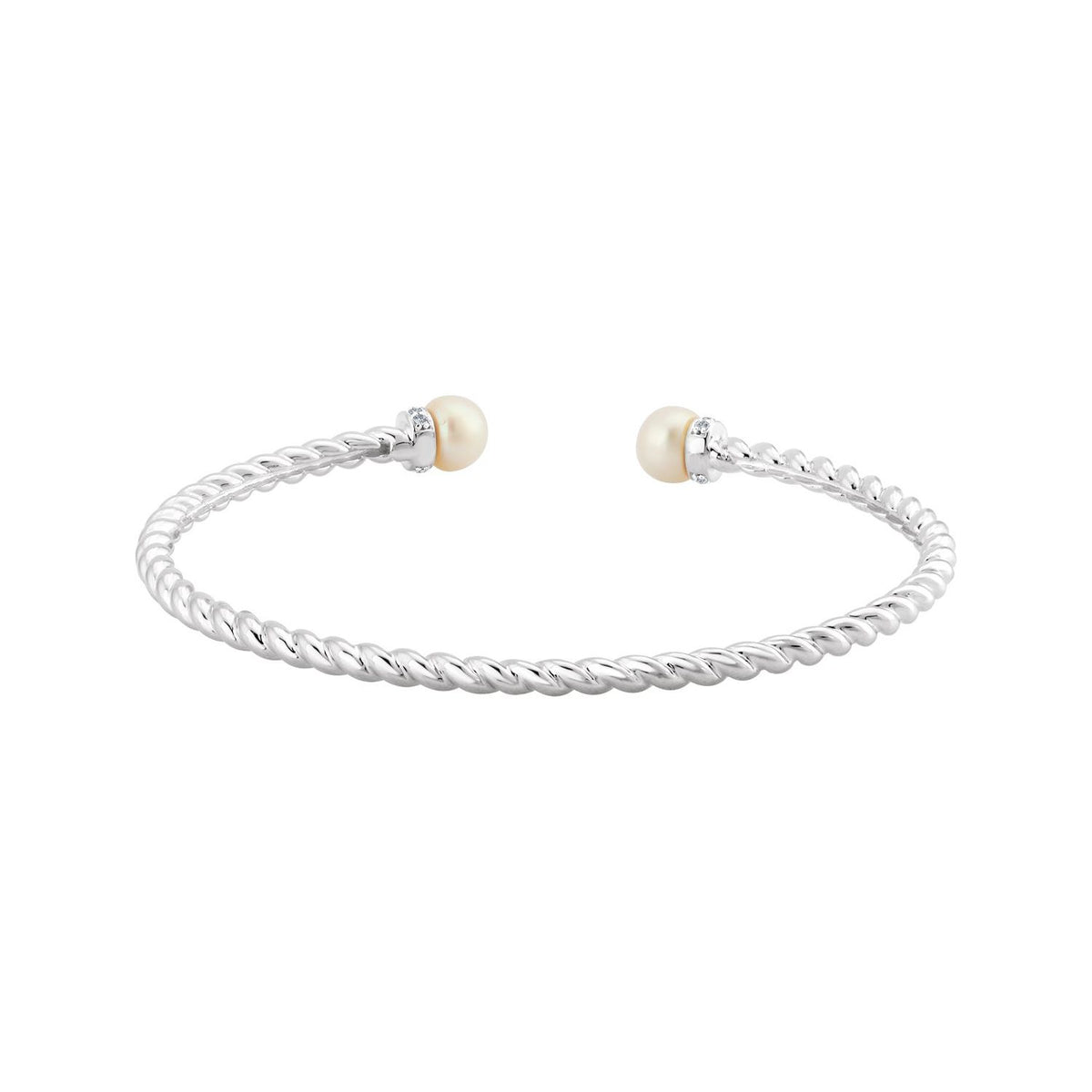 14K White Gold Cultured White Freshwater Pearl & 1/10 CTW Natural Diamond Cuff 7" Bracelet