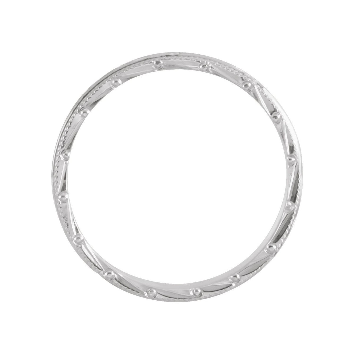 14K White Gold Hand-Engraved Milgrain Stepped-Edge Sculptural Half Round Band