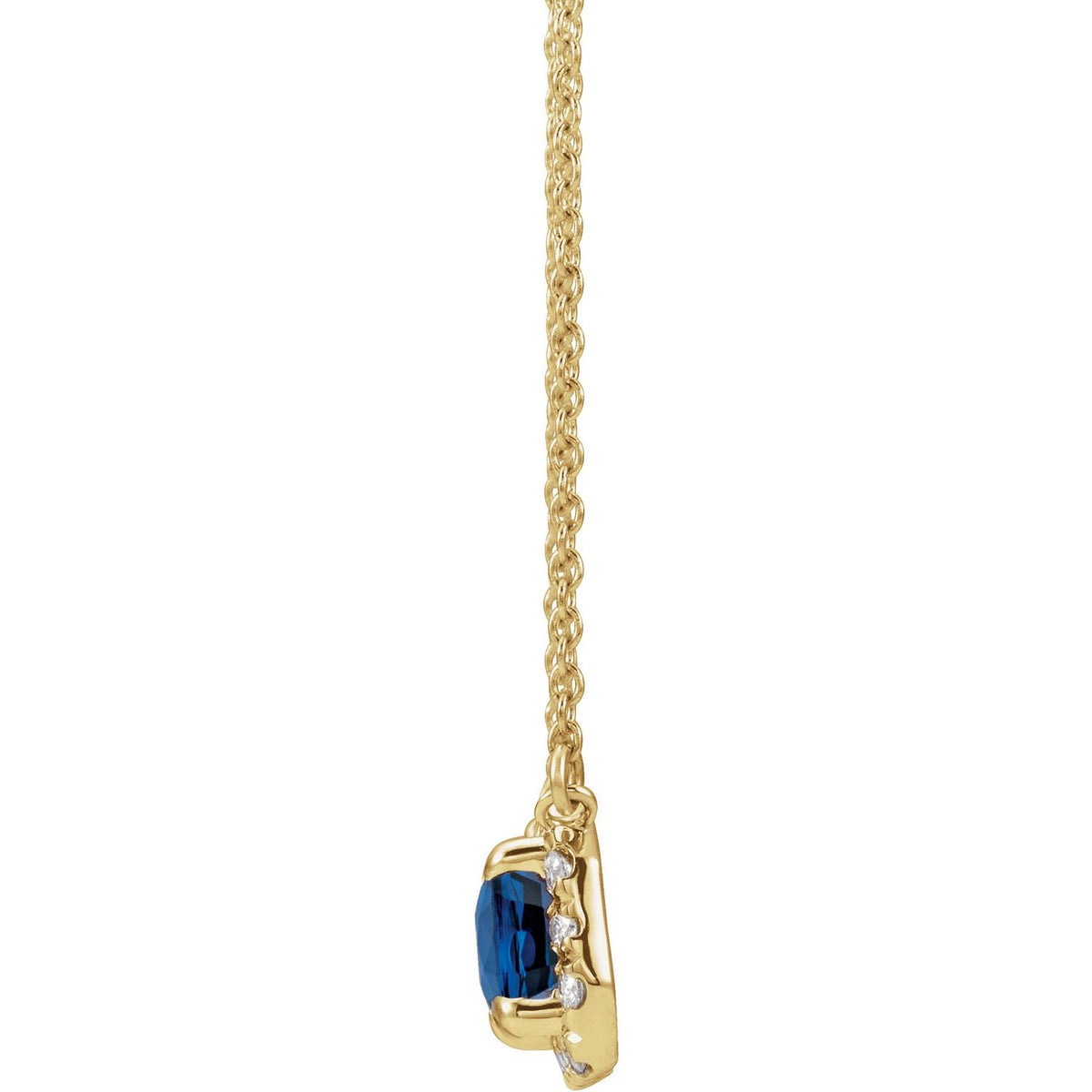 14K Yellow Gold 5x3 mm Lab-Grown Blue Sapphire & 1/8 CTW Natural Diamond Halo-Style 18" Necklace