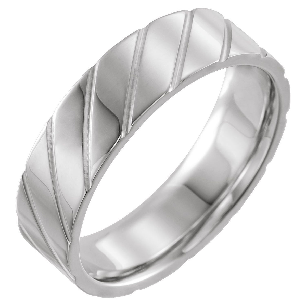 14K White Gold Diagonal Grooved Comfort-Fit Flat Band