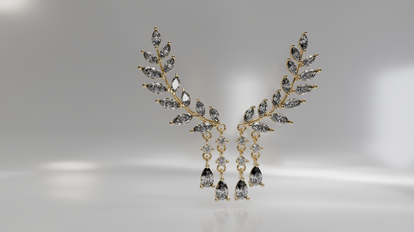Leaf-Shaped Diamond and Tassel Earrings