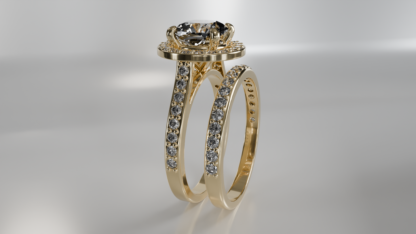Halo Engagement Ring and Diamond Pave Wedding Band Set