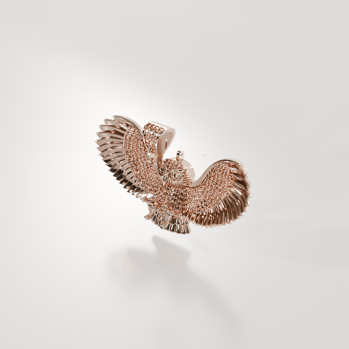 14K Gold Owl Pendant — Spread-Wing Detailed Statement, rose right