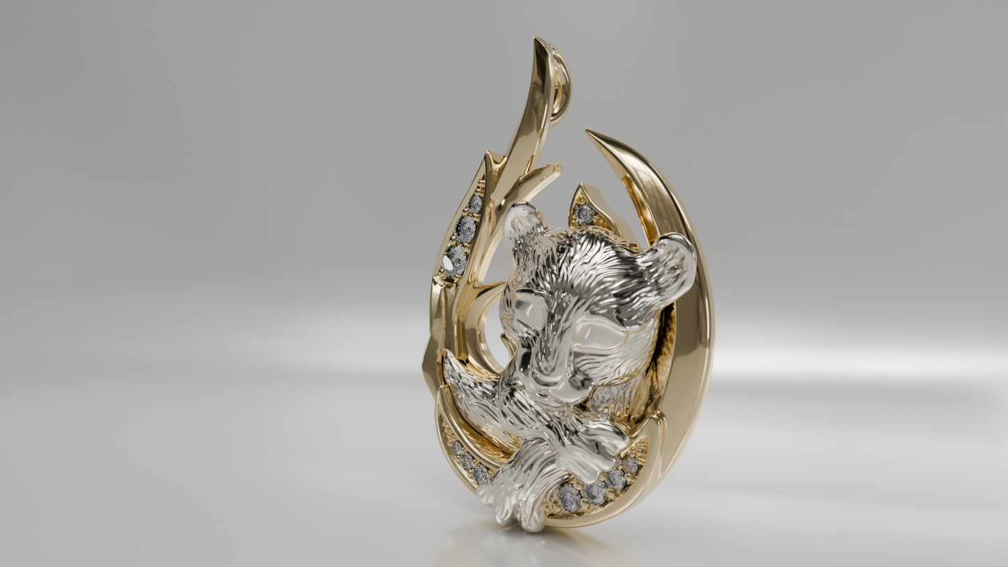 Lion's Rest on Crescent Moon Diamond Accent Pendant