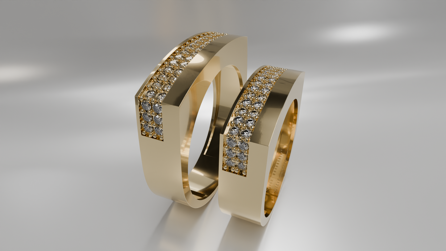 Geometric Diamond Accent His and Hers Gold Wedding Band Set