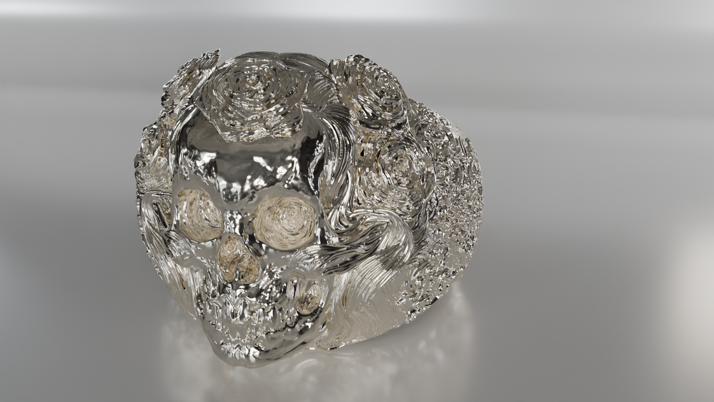 Ornate Skull Ring with Rose Detail