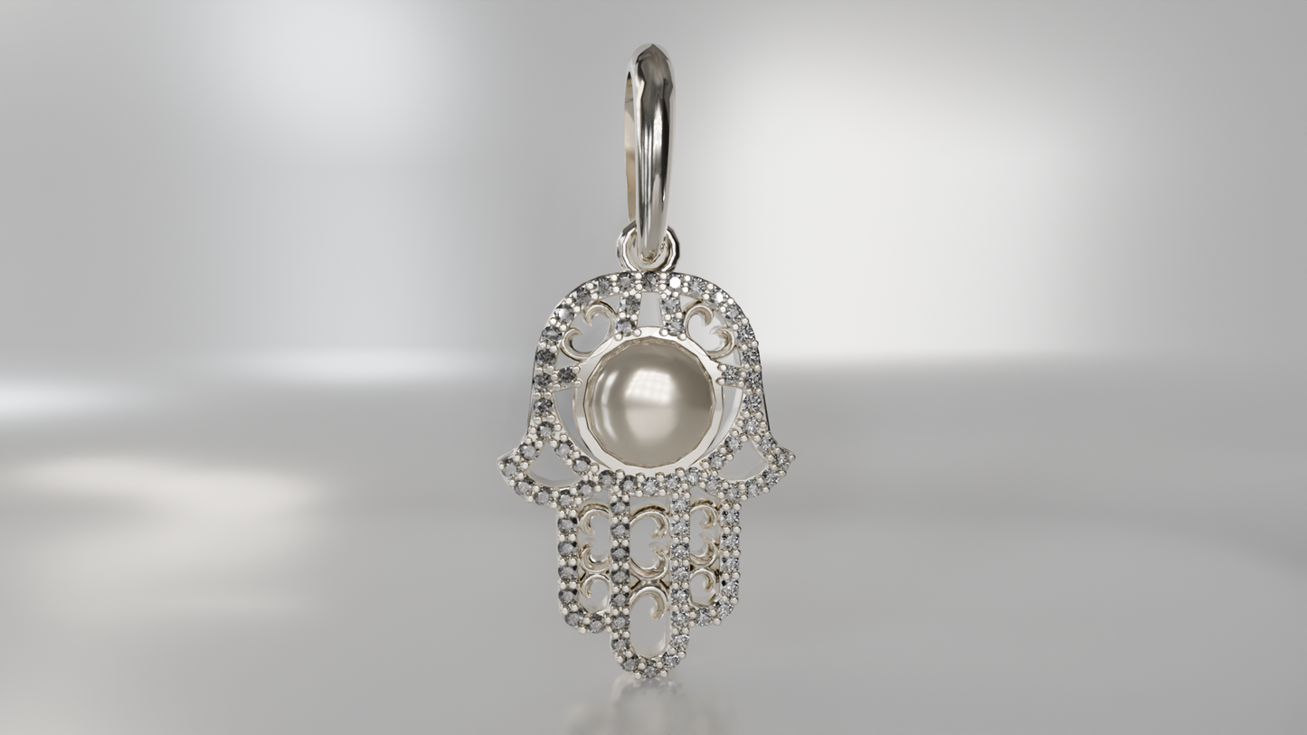Divine Pearl: Diamond and Pearl Hamsa Hand Pendant