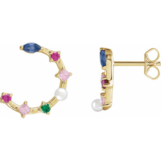14K Yellow Gold Cultured White Freshwater Pearl & Natural Multi-Gemstone Earrings