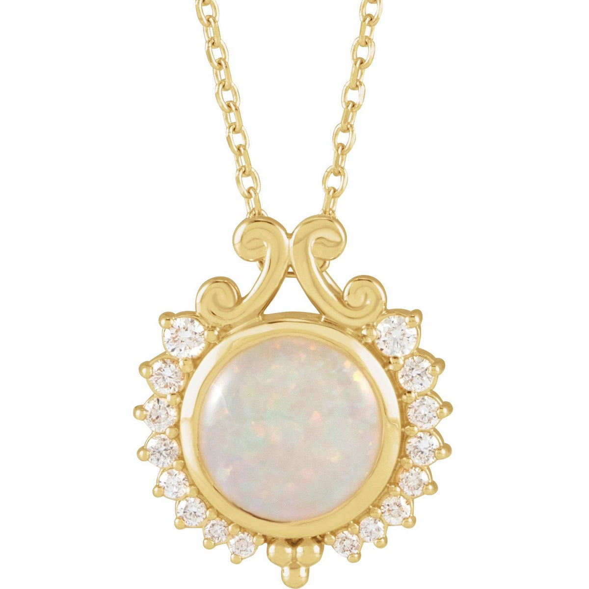 14K Yellow Gold Natural White Opal & 1/6 CTW Natural Diamond 16-18" Necklace