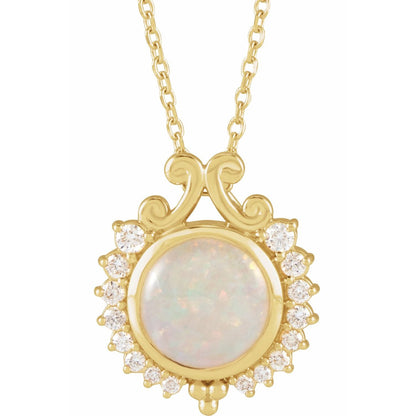 14K Yellow Gold Natural White Opal & 1/6 CTW Natural Diamond 16-18" Necklace