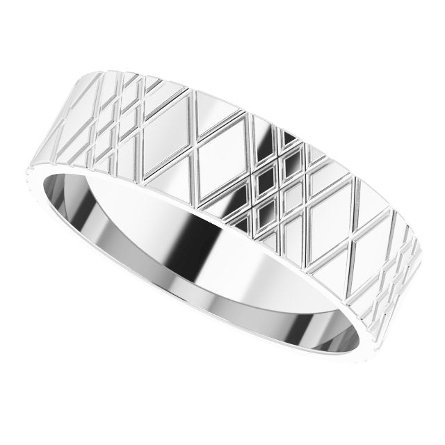 14K White Gold Grooved Rhombus Pattern Flat Band
