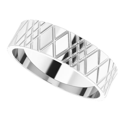 14K White Gold Grooved Rhombus Pattern Flat Band