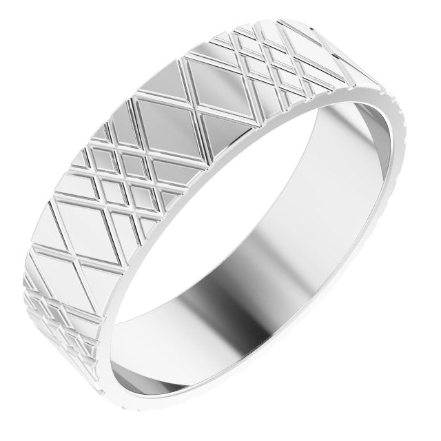 14K White Gold Grooved Rhombus Pattern Flat Band