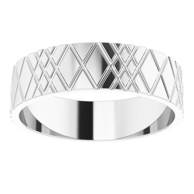 14K White Gold Grooved Rhombus Pattern Flat Band