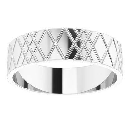 14K White Gold Grooved Rhombus Pattern Flat Band