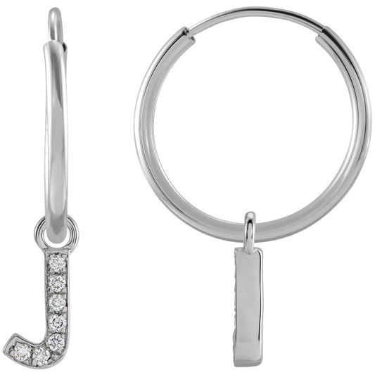 14K White Gold .025 CTW Natural Diamond Single Initial J Hoop Earring