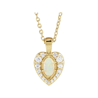 14K Yellow Gold Natural White Opal Cabochon & 1/8 CTW Natural Diamond 16-18" Necklace