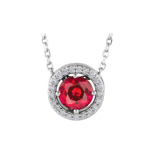 14K White Gold Lab-Grown Ruby & .05 CTW Natural Diamond Halo-Style 16" Necklace