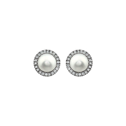 14K White Gold Cultured White Freshwater Pearl & 1/8 CTW Natural Diamond Earrings, 8.1 mm x 8.1 mm