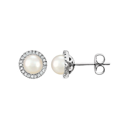 14K White Gold Cultured White Freshwater Pearl & 1/8 CTW Natural Diamond Earrings, 8.1 mm x 8.1 mm