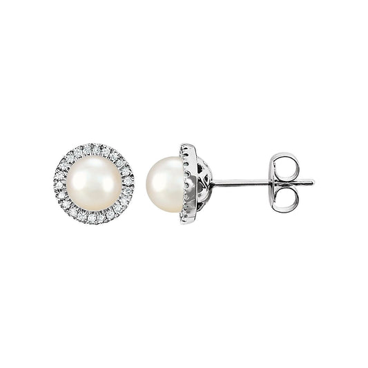 14K White Gold Cultured White Freshwater Pearl & 1/8 CTW Natural Diamond Earrings, 8.1 mm x 8.1 mm