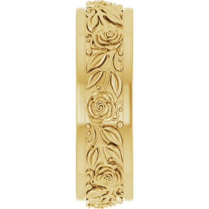 14K Yellow Gold Floral Flat Band