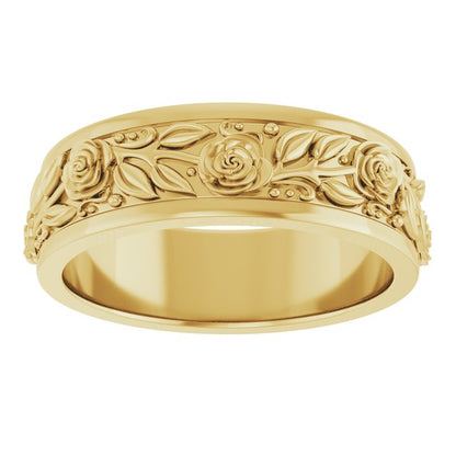 14K Yellow Gold Floral Flat Band