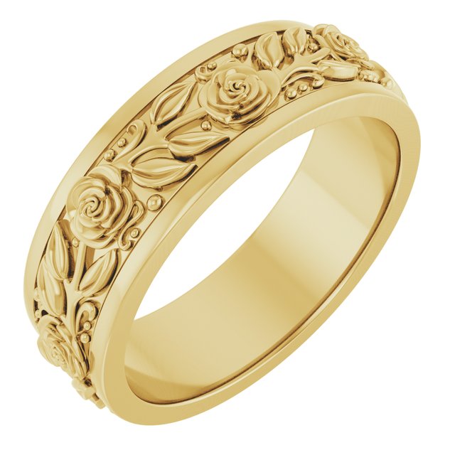 14K Yellow Gold Floral Flat Band