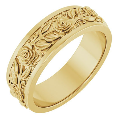 14K Yellow Gold Floral Flat Band