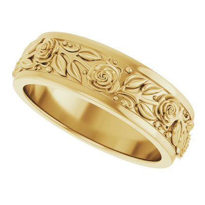 14K Yellow Gold Floral Flat Band