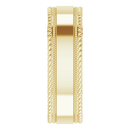 14K Yellow Gold Milgrain & Rope Stepped-Edge Comfort-Fit Flat Band