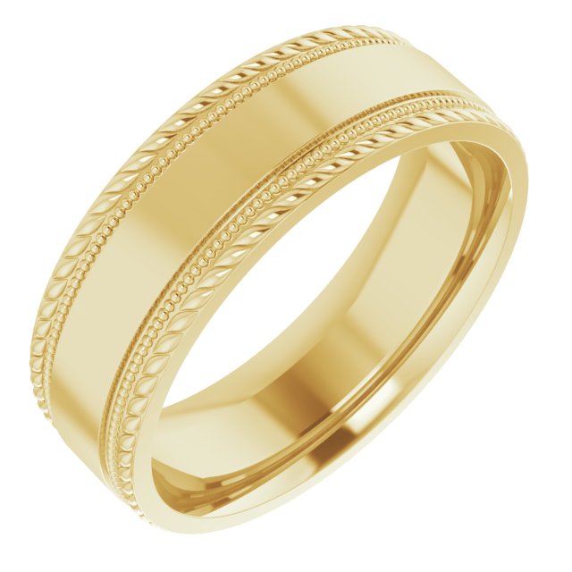 14K Yellow Gold Milgrain & Rope Stepped-Edge Comfort-Fit Flat Band