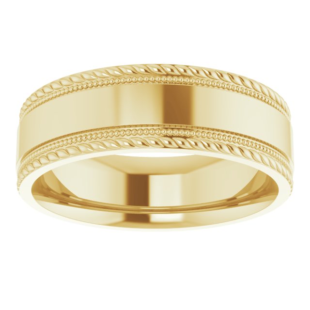 14K Yellow Gold Milgrain & Rope Stepped-Edge Comfort-Fit Flat Band