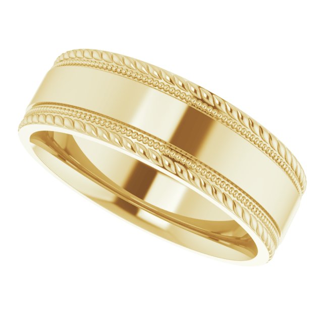 14K Yellow Gold Milgrain & Rope Stepped-Edge Comfort-Fit Flat Band