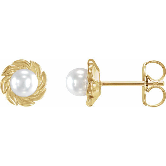 14K Yellow Gold Cultured White Akoya Pearl Leaf Earrings