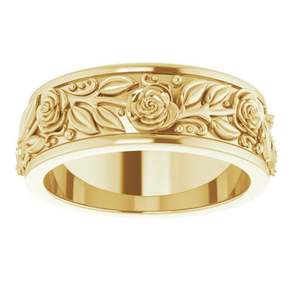 14K Yellow Gold Floral Flat Band