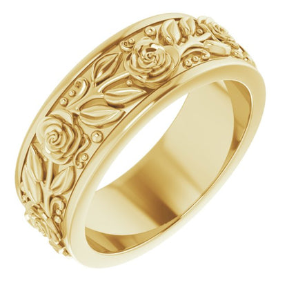 14K Yellow Gold Floral Flat Band