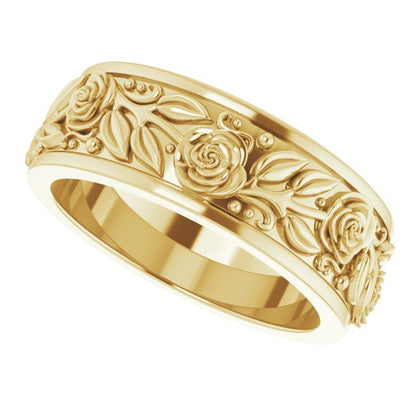 14K Yellow Gold Floral Flat Band