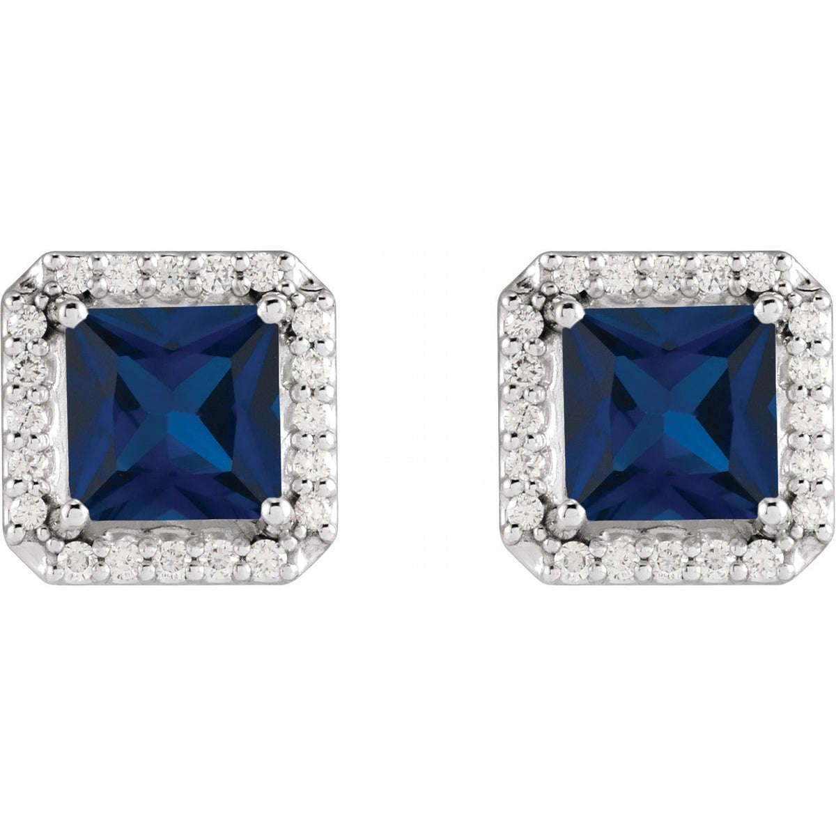 14K White Gold 5x5 mm Lab-Grown Blue Sapphire 1/6 CTW Natural Diamond Halo-Style Earrings