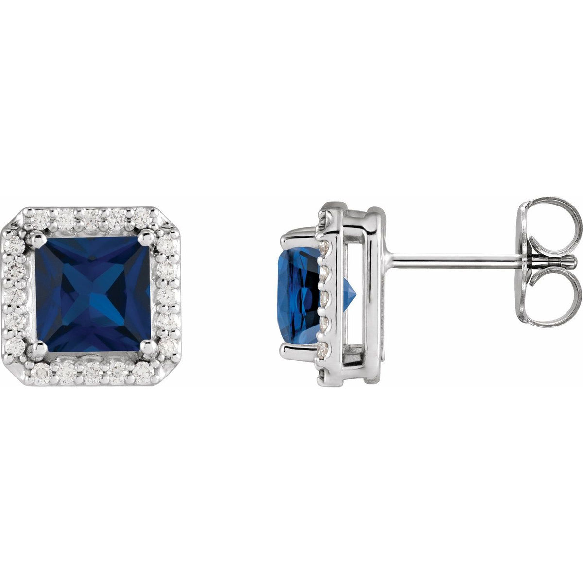 14K White Gold 5x5 mm Lab-Grown Blue Sapphire 1/6 CTW Natural Diamond Halo-Style Earrings