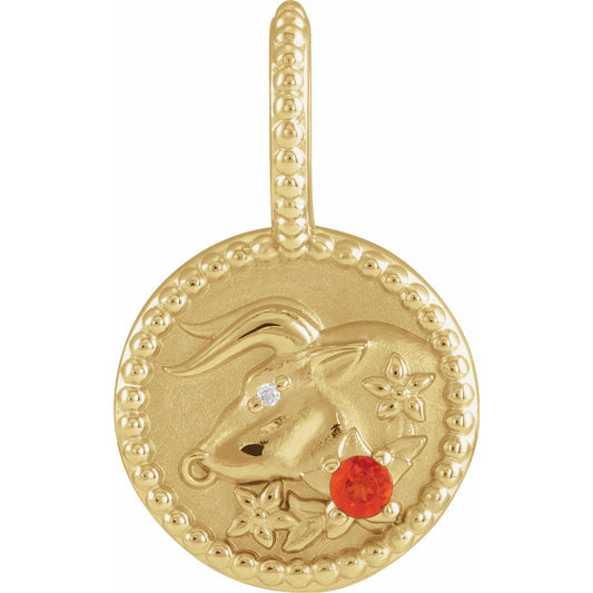 14K Yellow Gold Natural Mexican Fire Opal & .0025 CTW Natural Diamond Taurus Charm/Pendant