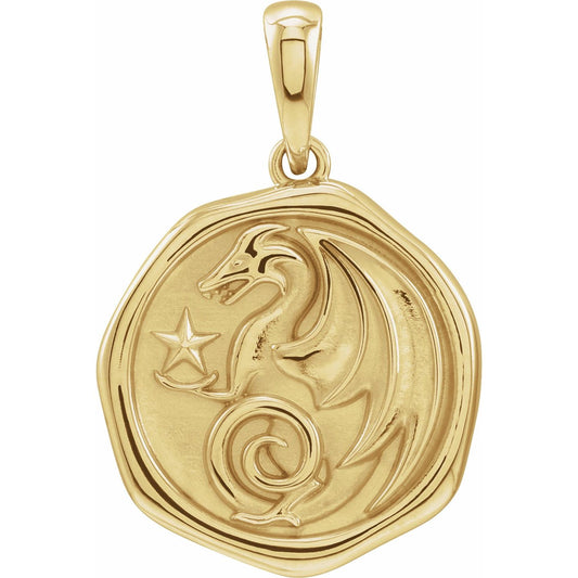 14K Yellow Gold Symbolic Dragon Animal Pendant