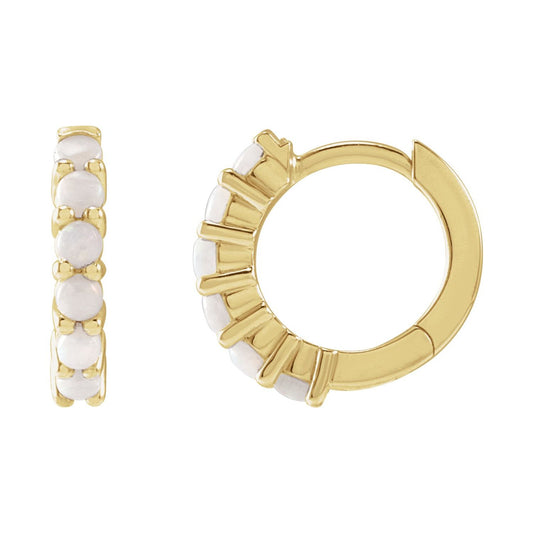 14K Yellow Gold Natural White Opal Cabochon Hinged Hoop Earrings
