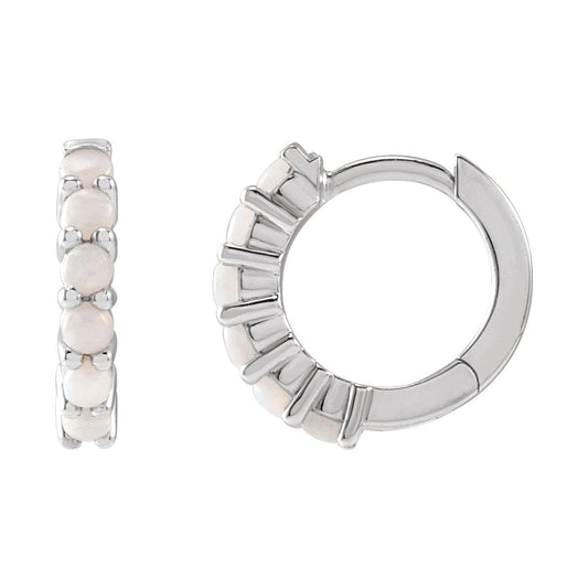 Sterling Silver Natural White Opal Cabochon Hinged Hoop Earring