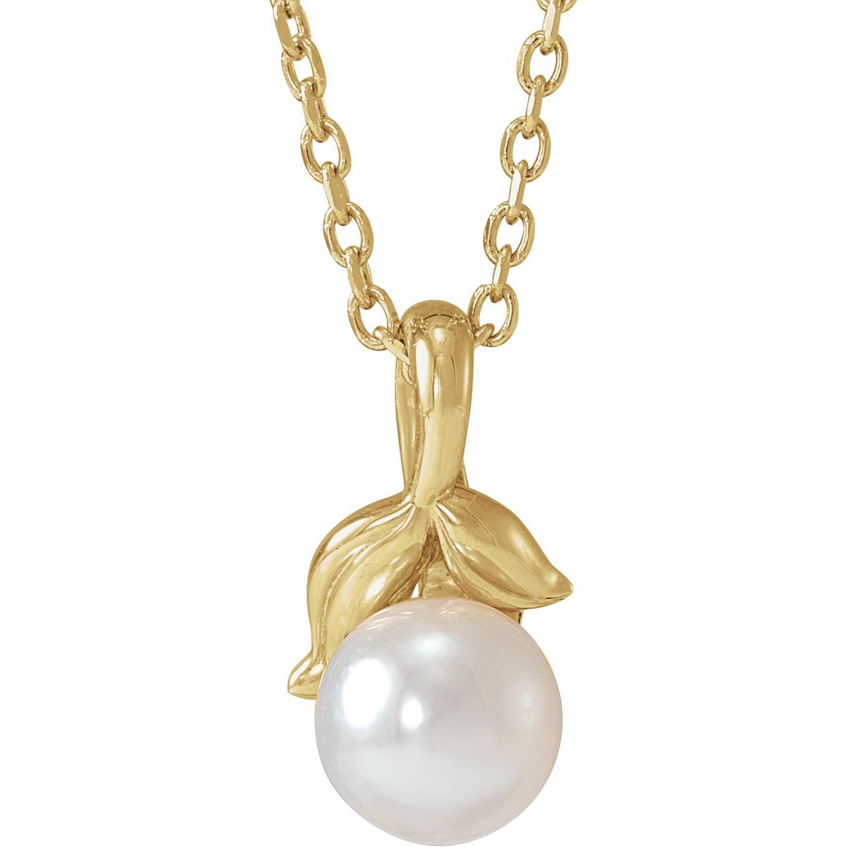 14K Yellow Gold Cultured White Akoya Pearl Floral 16-18" Necklace