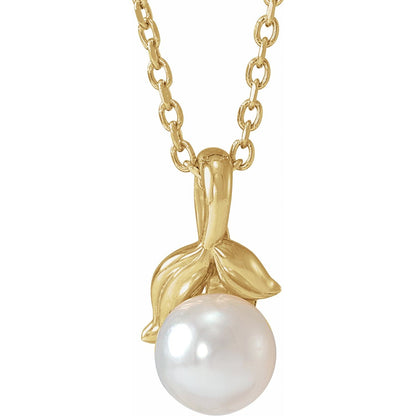 14K Yellow Gold Cultured White Akoya Pearl Floral 16-18" Necklace